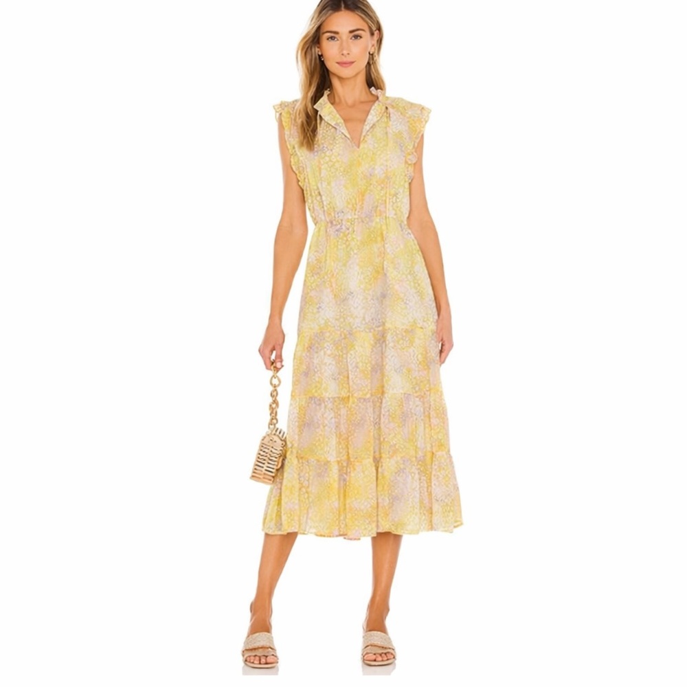 BB Dakota Yellow Floral Tiered Midi Dress Ruffle Sleeve Size XS